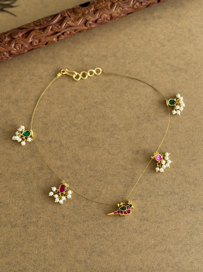 Gold tone pink-green kundan jadau bird invisible necklace dj-51547