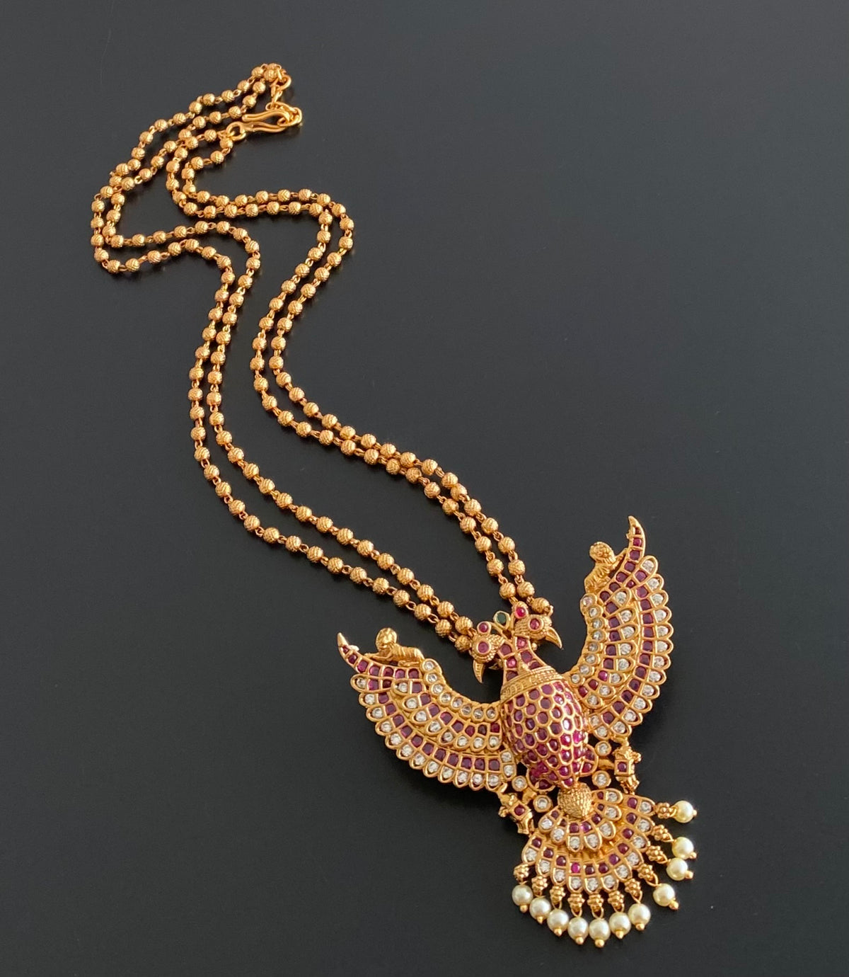 Matte finish pink-white pearl gandaberunda necklace dj-55015