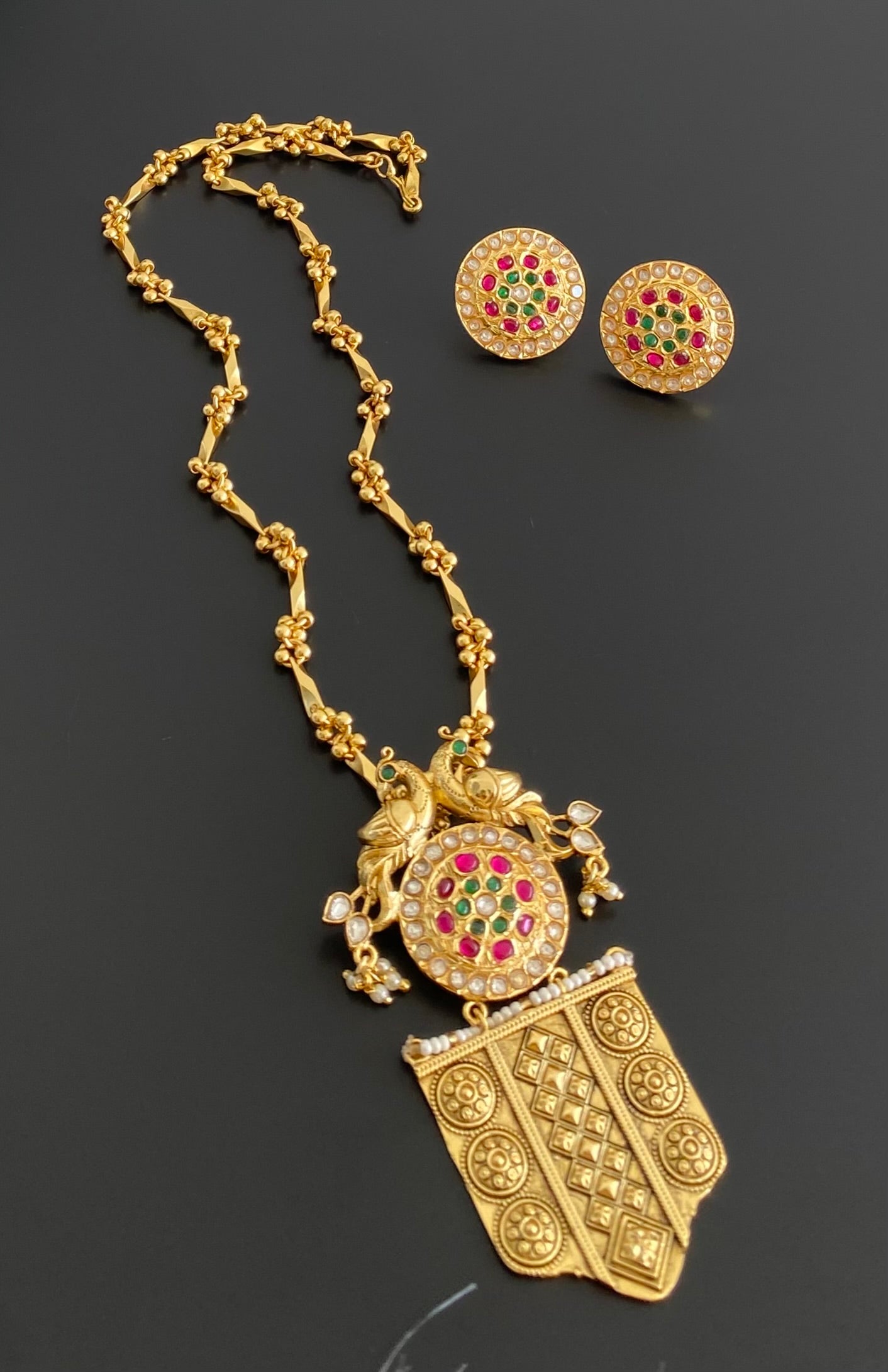 Antique gold tone Kundan jadau peacock chain with pendant set dj-53853