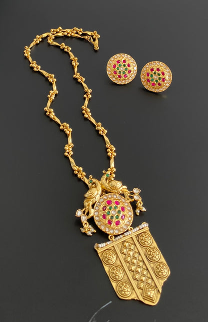 Antique gold tone Kundan jadau peacock chain with pendant set dj-53853