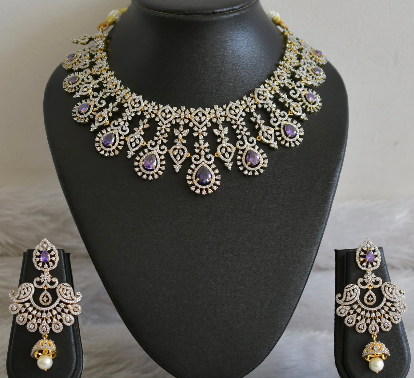 Two tone cz white-purple stone necklace set dj-48997