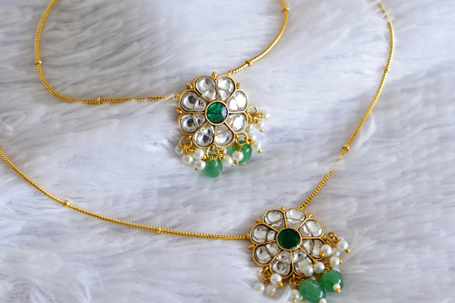 Gold tone white-green flower kundan jadau anklets dj-52401