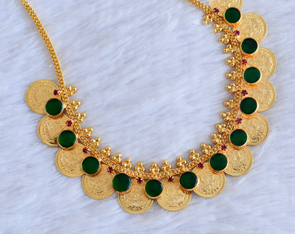 Gold tone kerala style pink-green round lakshmi coin necklace dj-53080
