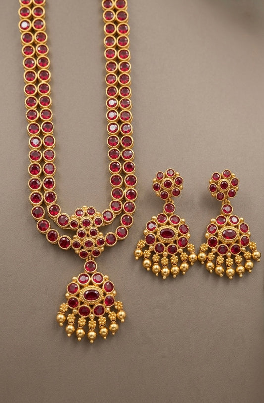 Matte finish maroon double layer attigai/necklace set dj-53180