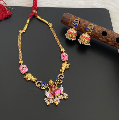 Matte finish meenakari peacock gaja lakshmi necklace set dj-54747
