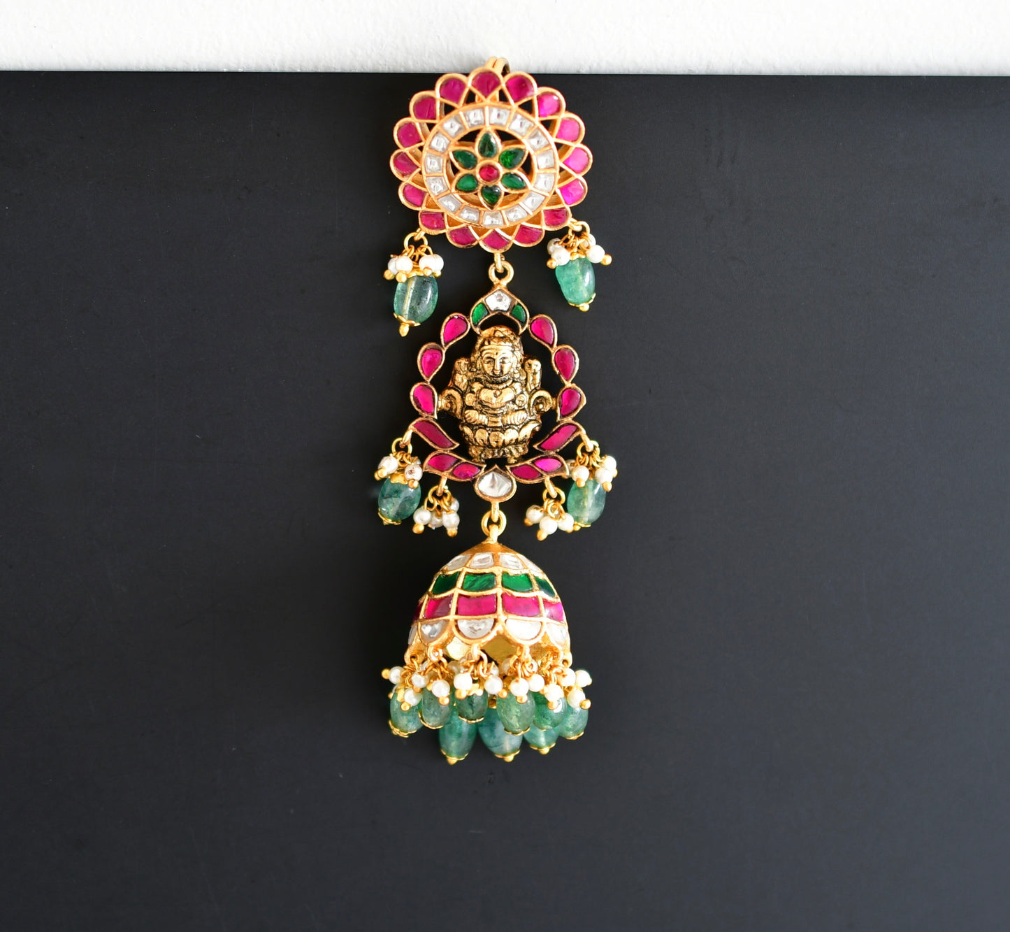 Gold tone pink-green kundan jadau Lakshmi hair jewel dj-52372