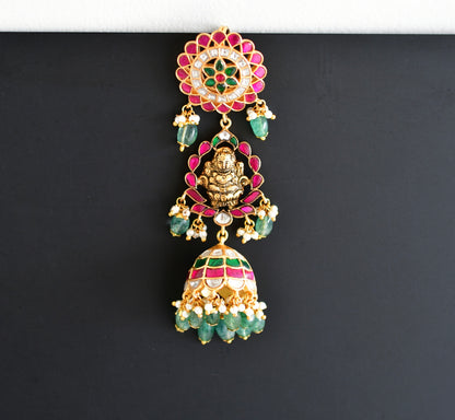 Gold tone pink-green kundan jadau Lakshmi hair jewel dj-52372