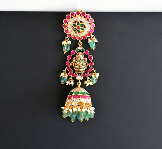 Gold tone pink-green kundan jadau Lakshmi hair jewel dj-52372