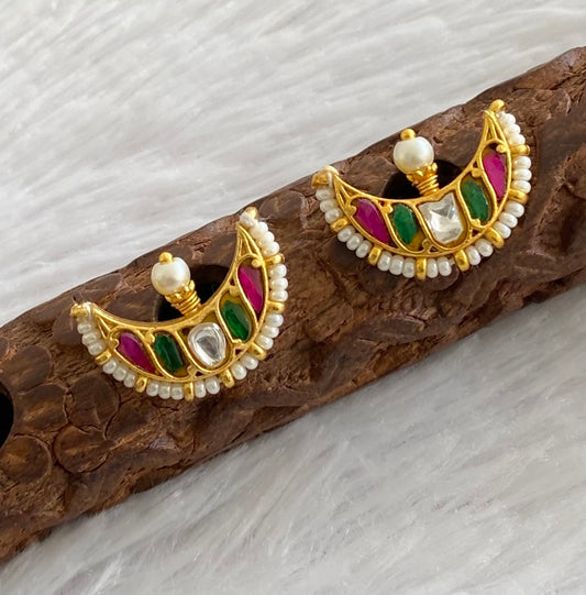 Gold tone pink-green-white pearl kundan jadau moon earrings dj-53555