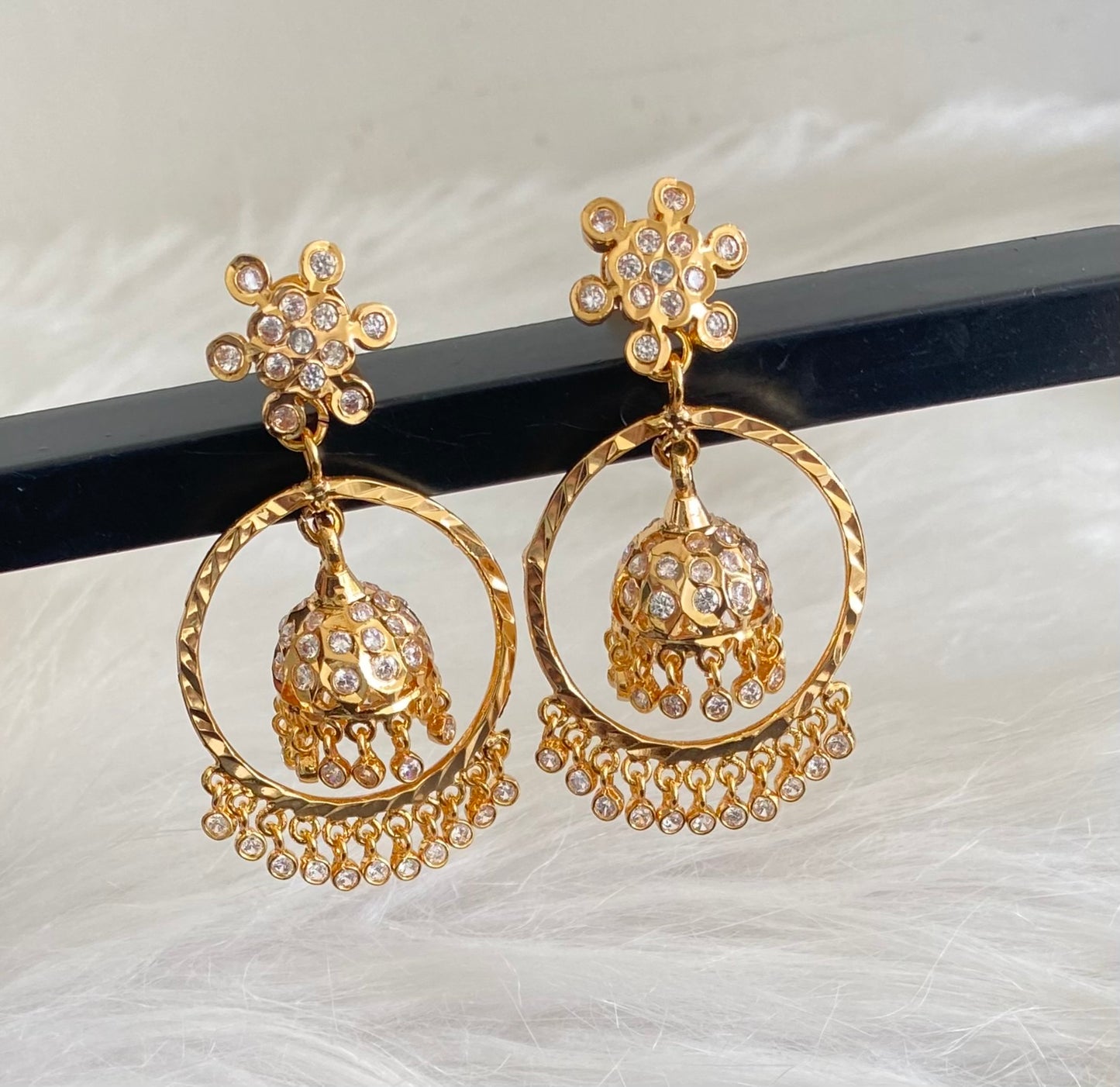 Gold tone south indian style AD white stone bali jhumkka dj-53867