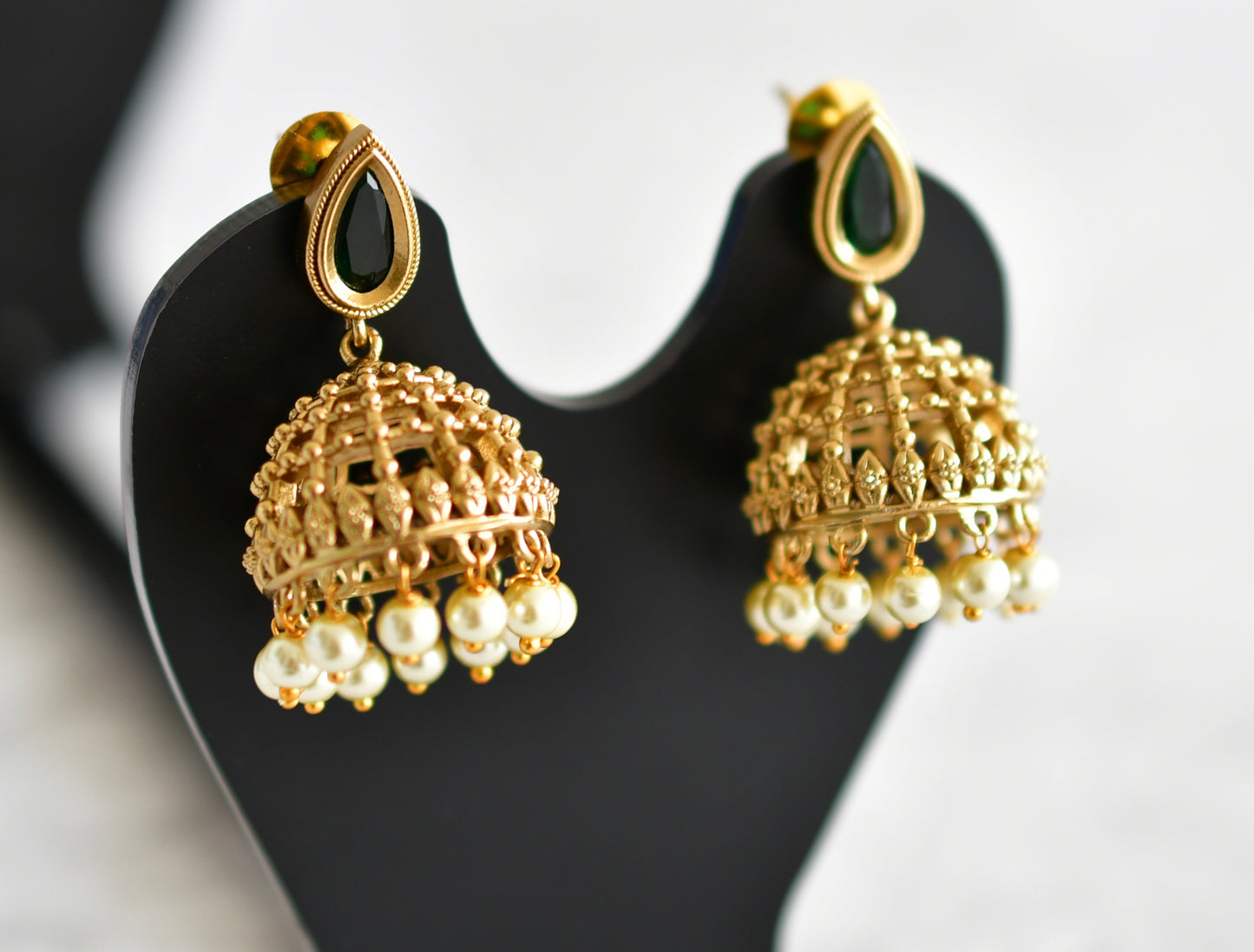 Antique gold tone green thilak stone pearl jhumkka dj-51853