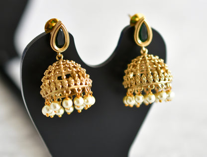 Antique gold tone green thilak stone pearl jhumkka dj-51853
