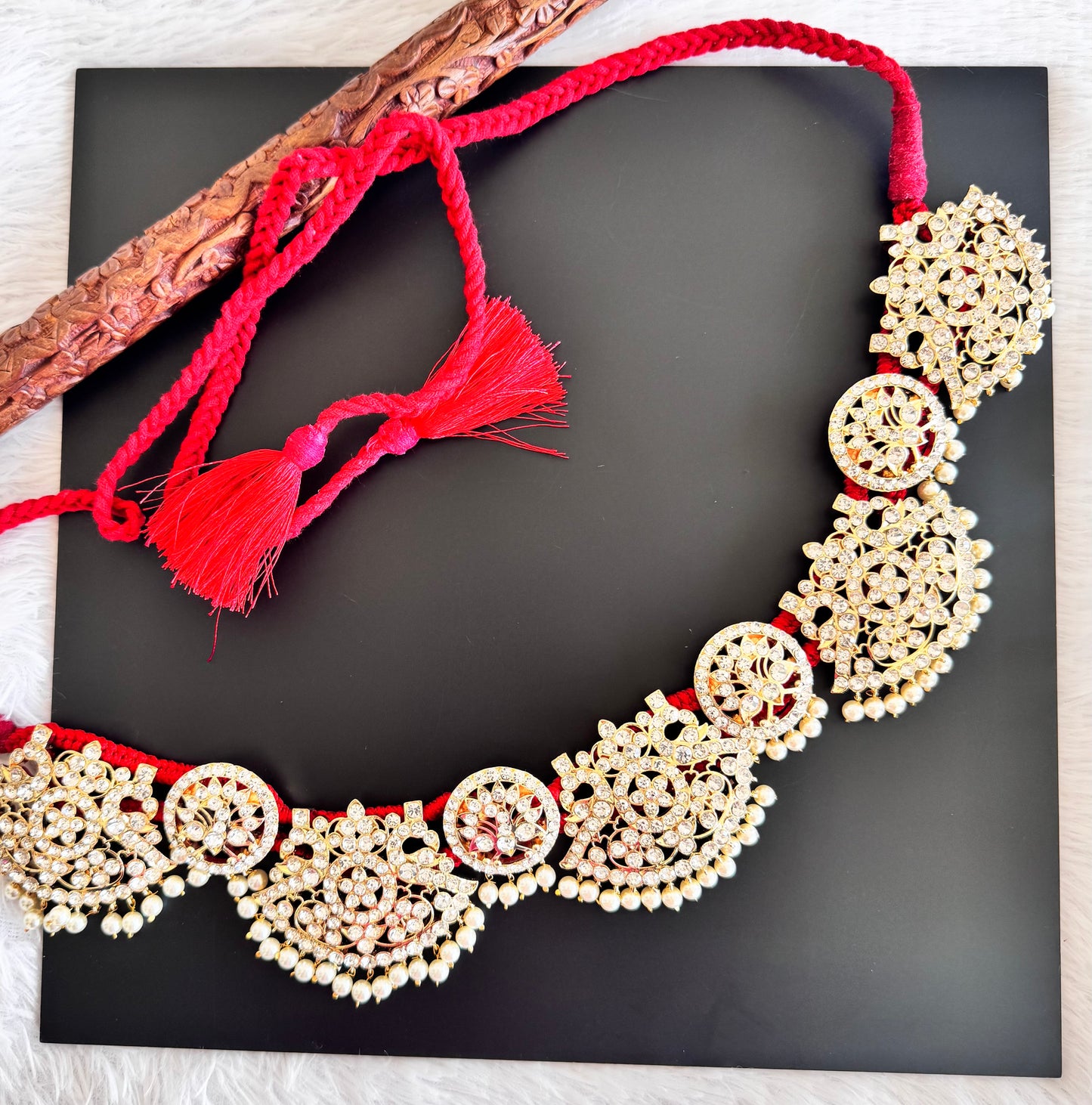 Gold tone AD white pearl peacock waist band dj-52539