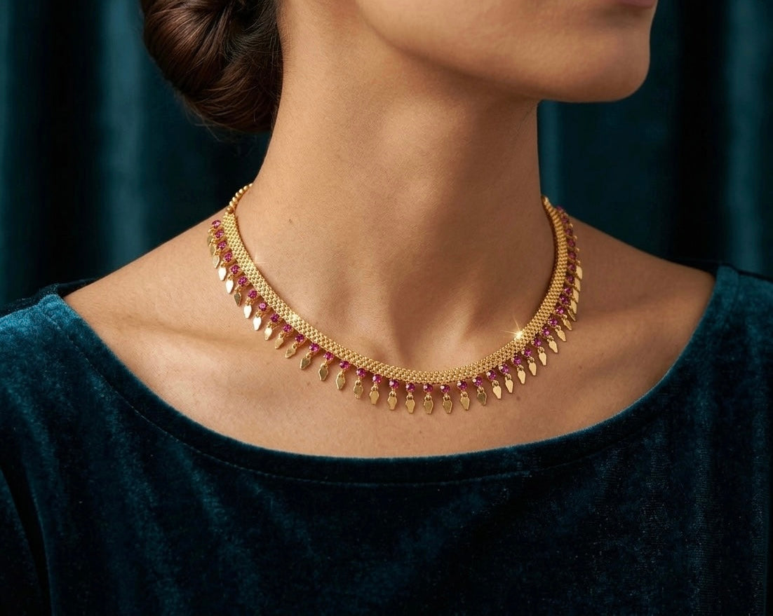 Gold tone ruby stone elakka thali choker necklace  dj-53105