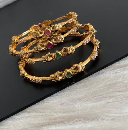 Antique gold tone ruby-green-white stone elephant set of 4 bangles (2.10) dj-55174