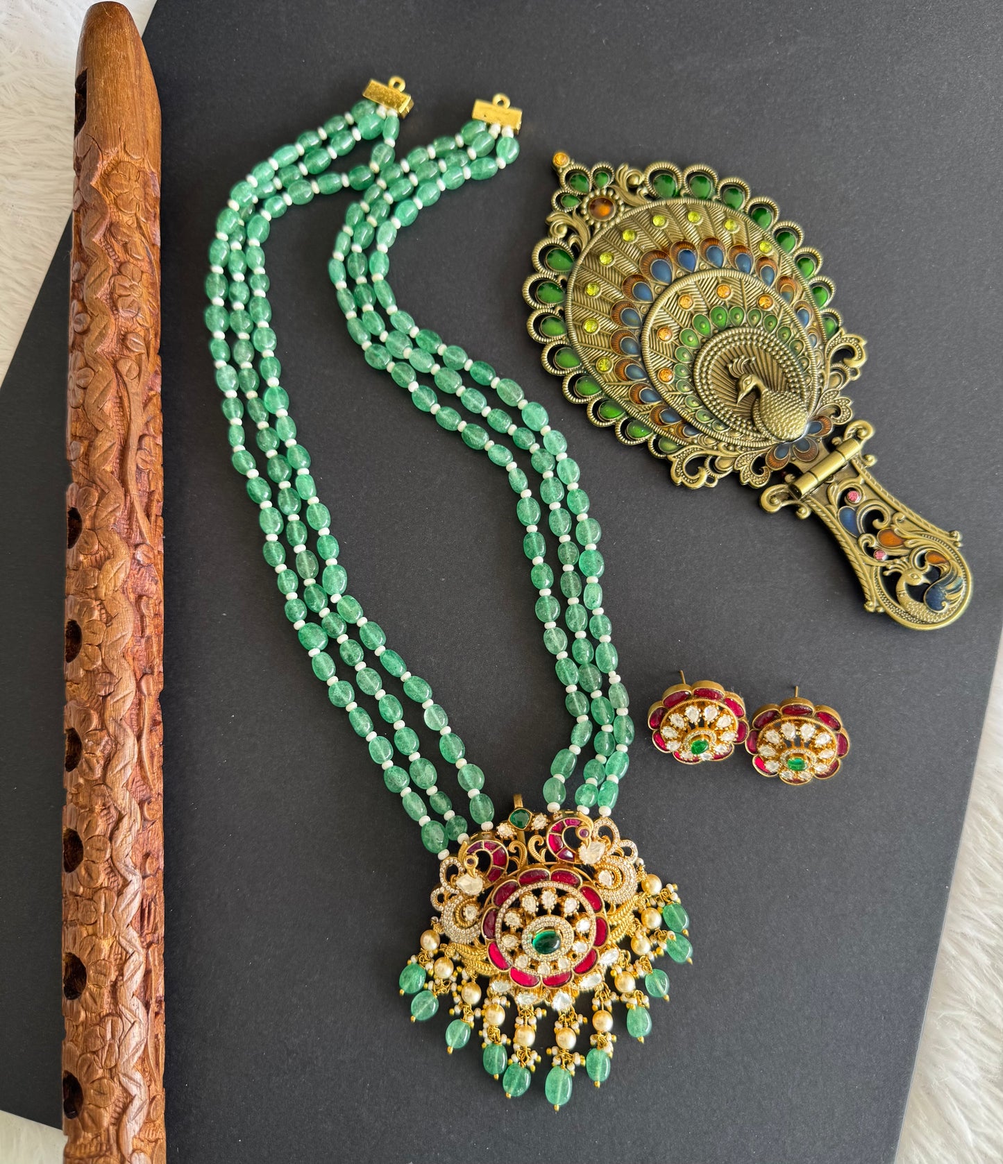 Matte finish pink-green-white kundan jadau green beaded peacock haar set dj-52234