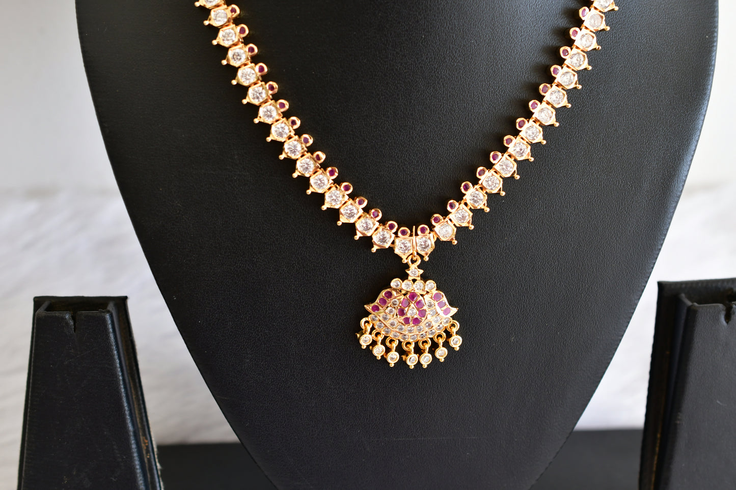 Gold tone AD white-pink stone south indian necklace dj-53331