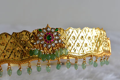 Gold tone pink-green-white kundan jadau flower waist band dj-52184