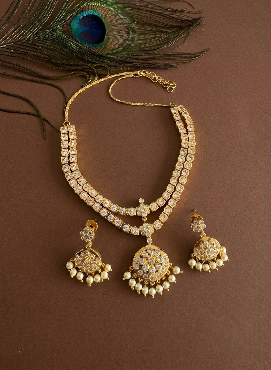 Gold tone AD white south indian style double layer necklace set dj-51672