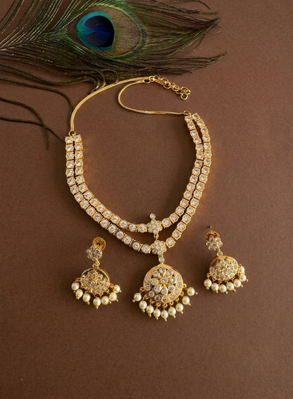 Gold tone AD white south indian style double layer necklace set dj-51672