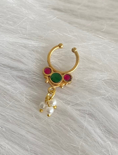 Gold tone kundan jadau pink-green stone pearl nose pin/bulakku dj-53790