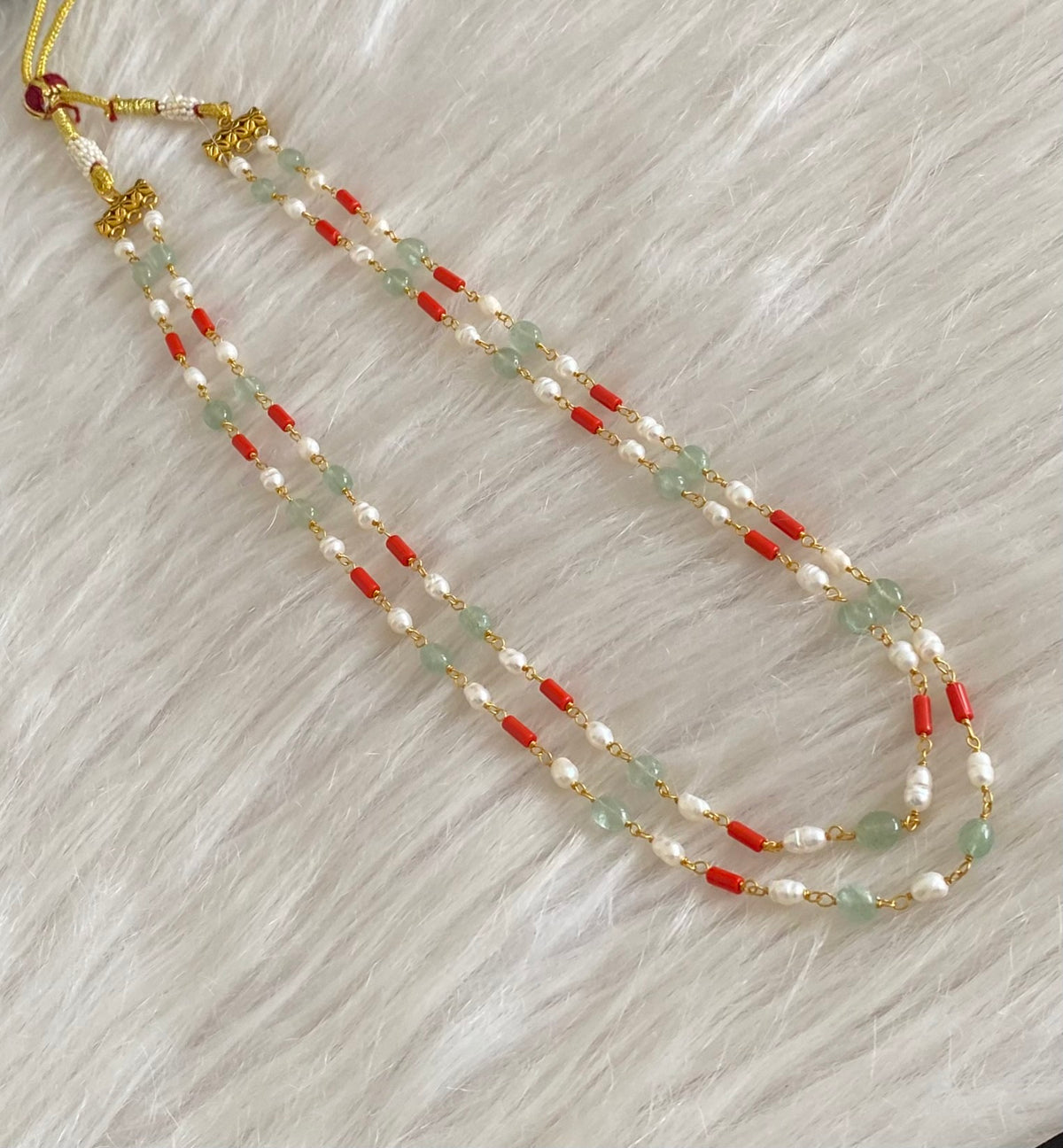 Antique gold tone double layer coral-pearl beaded necklace dj-54980