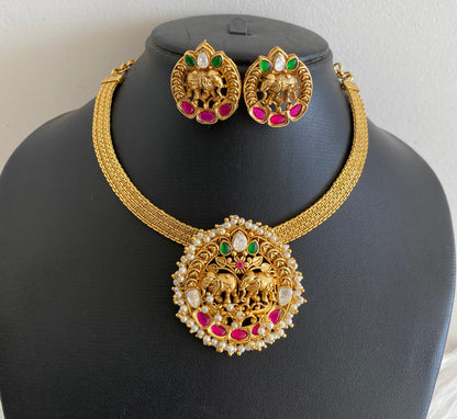 Matte finish elephant  pink-green-white kundan jadau choker necklace set dj-53855