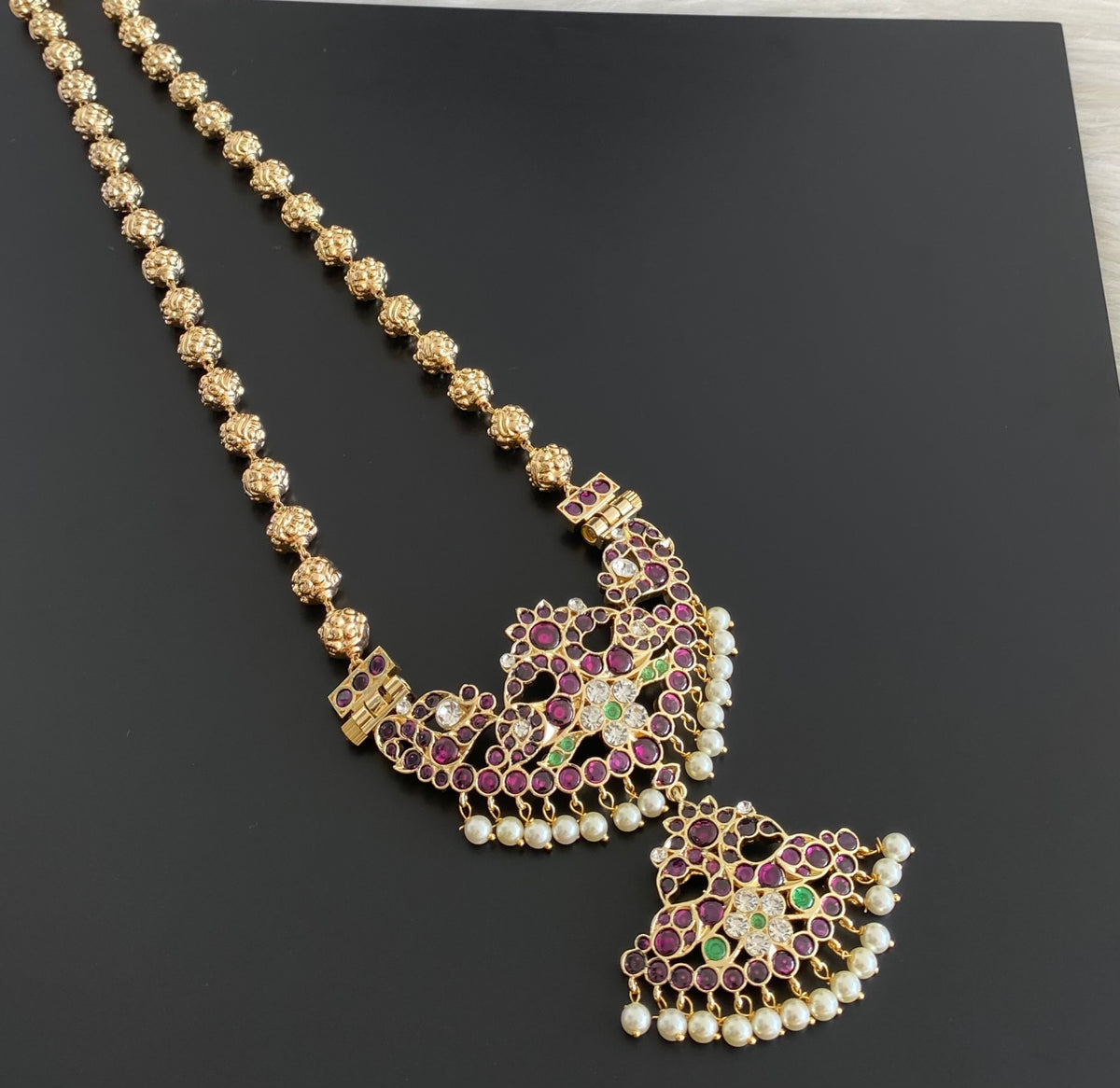Gold tone precious kemp-green-white peacock flower nakshi beaded haar dj-54732