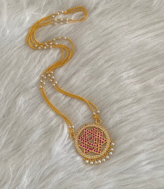 Gold tone 24 inches pearl chain with AD pink-white chakram pendant dj-54491