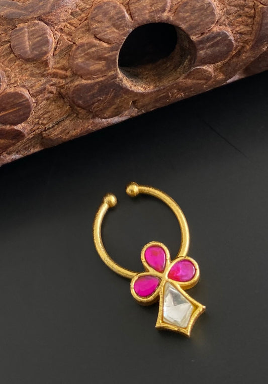 Gold tone kundan jadau white-pink stone nose pin/bulakku dj-53760