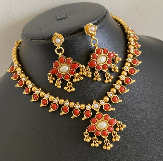 Antique gold tone coral-pearl stone reversible mango necklace set dj-54085