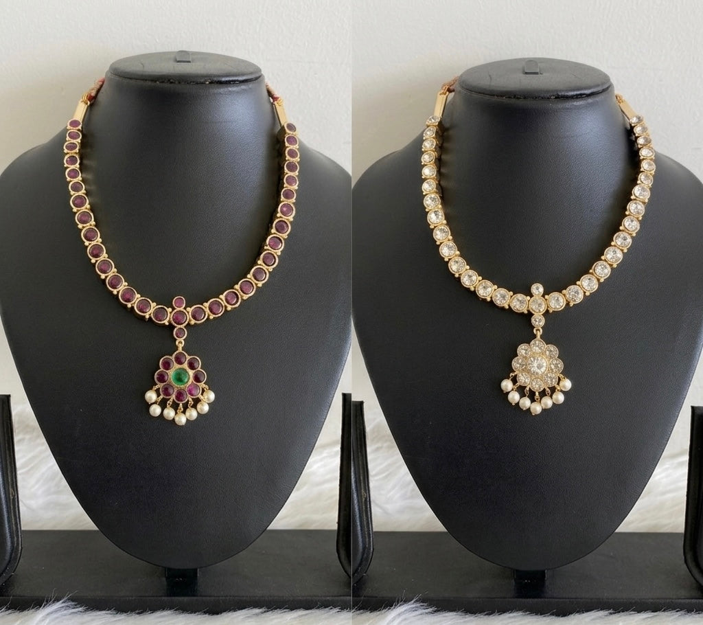 Gold tone precious kemp-green-white pearl reversible necklace dj-53933