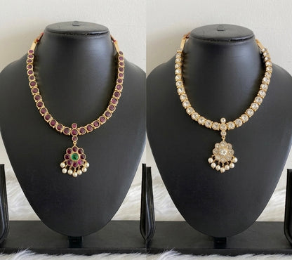 Gold tone precious kemp-green-white pearl reversible necklace dj-53933