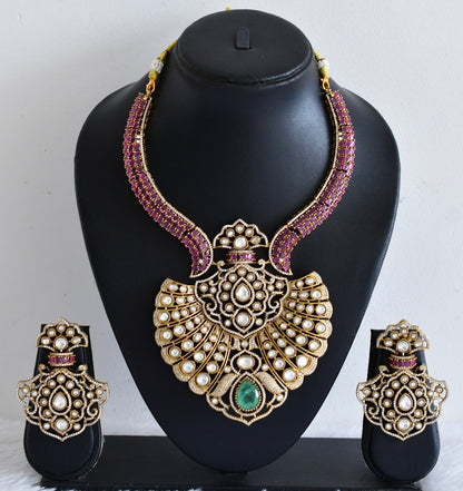 Antique gold tone ruby kundan necklace set dj-53024