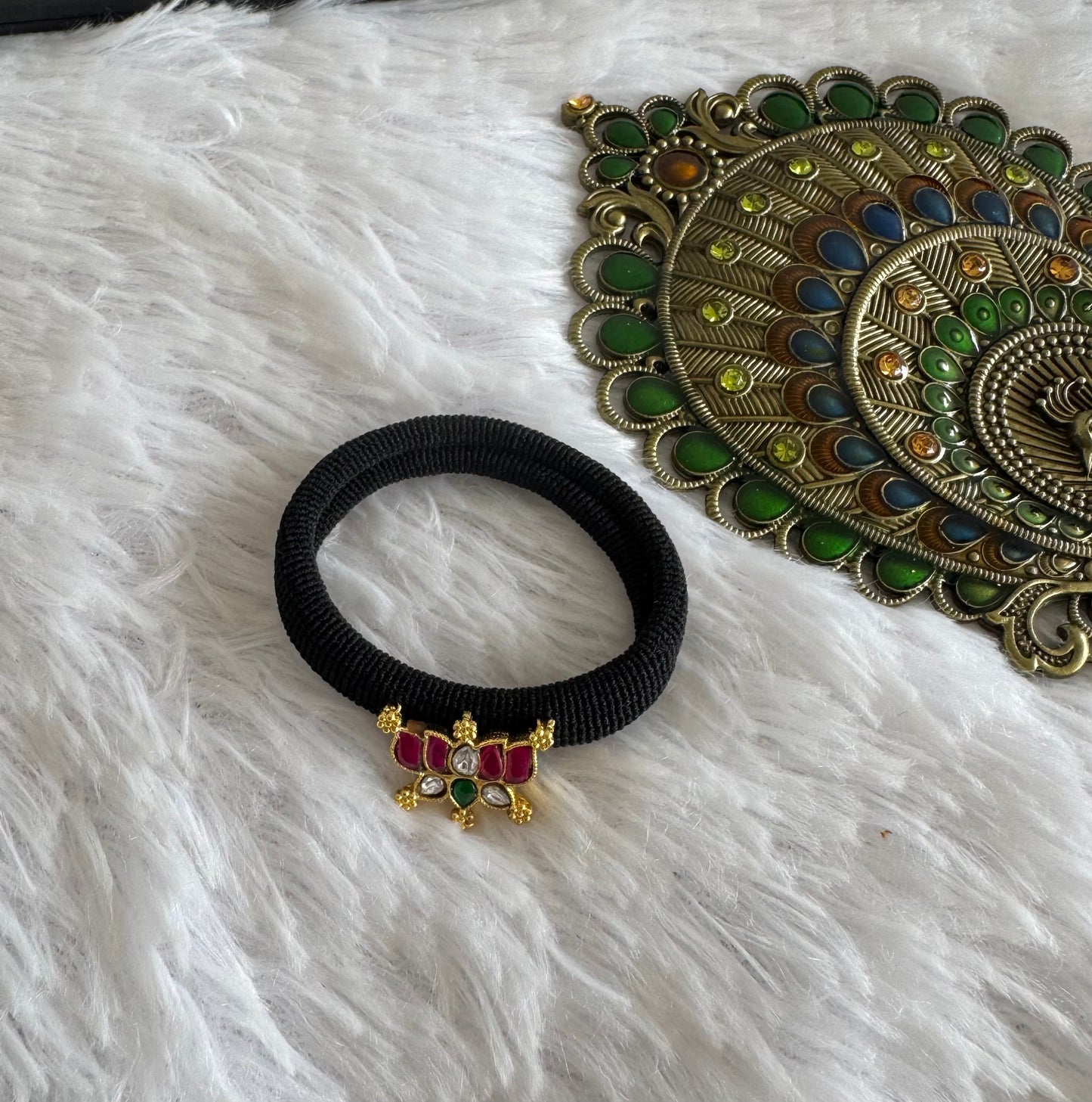 Gold tone pink-green-white kundan jadau lotus hair band dj-51488