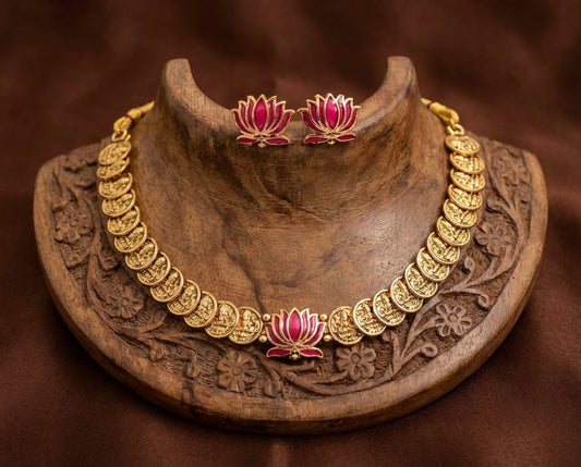 Antique gold tone lakshmi coin pink lotus necklace set dj-52732