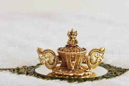 Antique gold tone kemp-green Ma Lakshmi kumkum box dj-52319