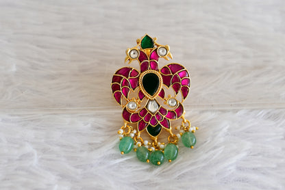 Gold tone pink-green-white kundan jadau ganda berunda small green bead pendant dj-50661