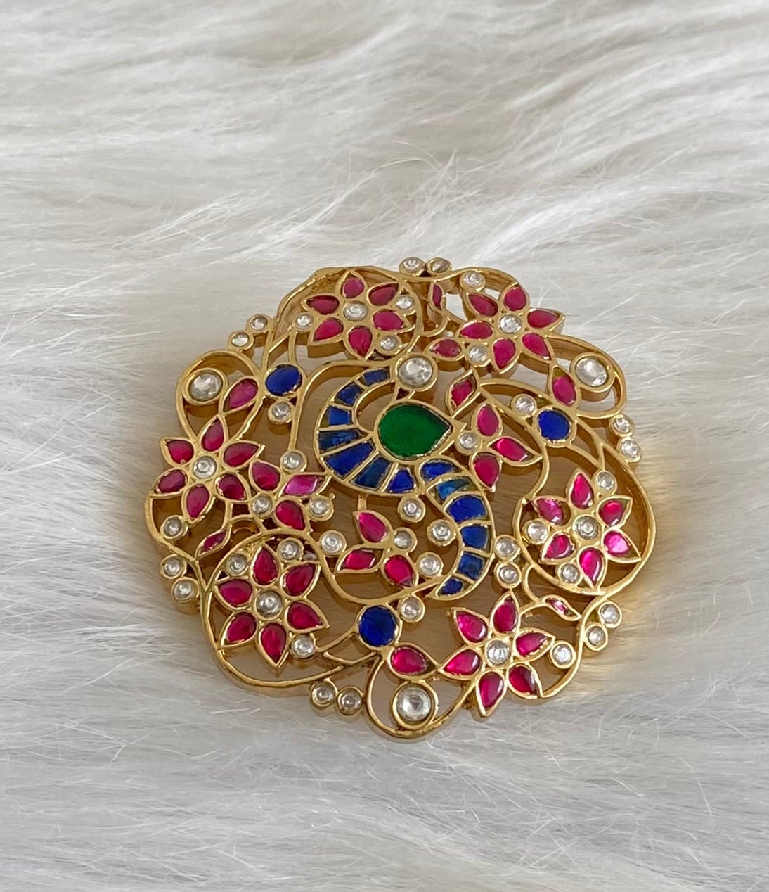 Gold tone navaratna kundan jadau peacock flower pendant dj-53846