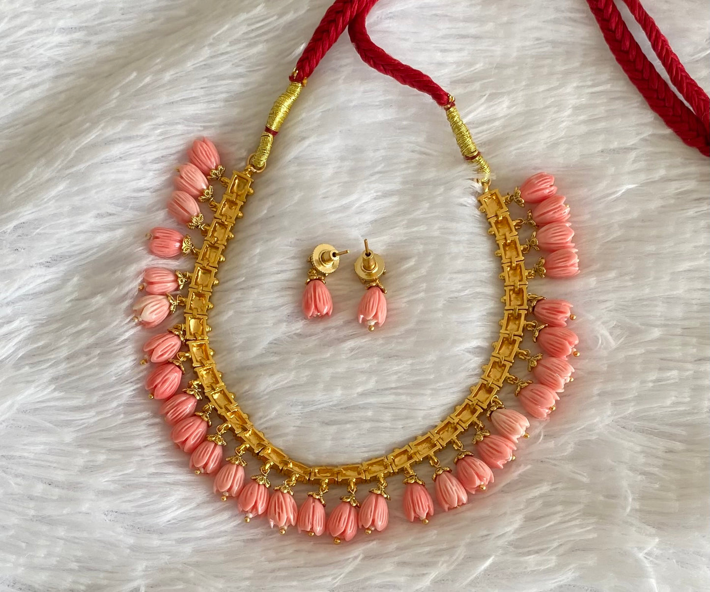 Antique gold tone pink tulip beaded necklace set dj-54367