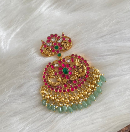 Antique gold tone pink-green-white kundan jadau peacock green bead pendant dj-50679