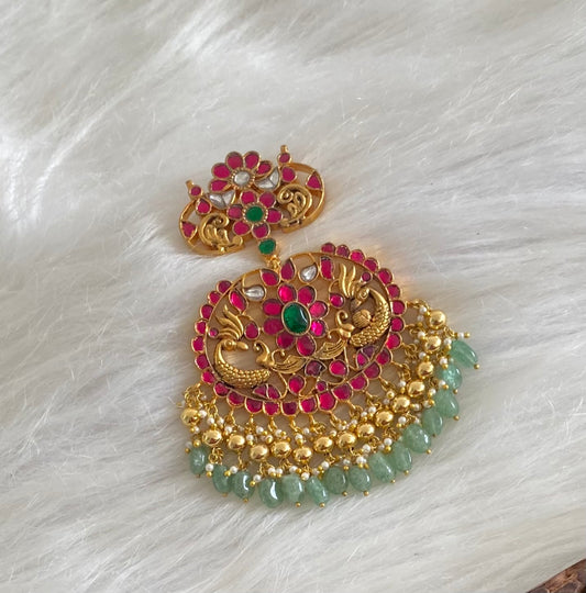 Antique gold tone pink-green-white kundan jadau peacock green bead pendant dj-50679