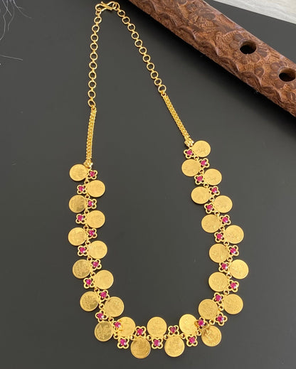 Gold tone pink stone lakshmi coin necklace dj-54146