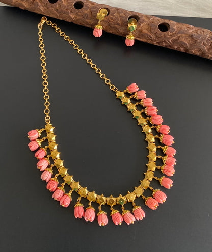 Antique gold tone pink tulip beaded necklace set dj-53707