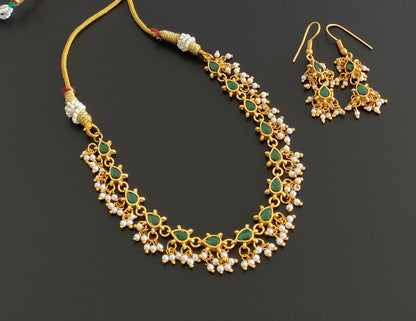Antique gold tone green kundan jadau pearl necklace set dj-54151