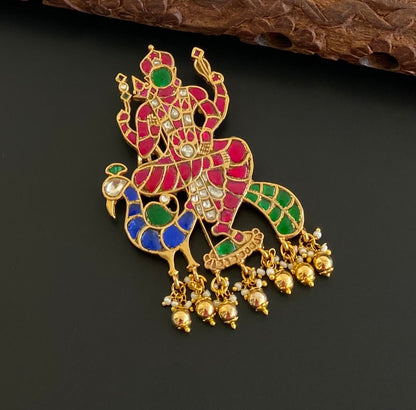 Gold tone pink-green-white-blue kundan jadau peacock Karthikeyan pendant dj-44217