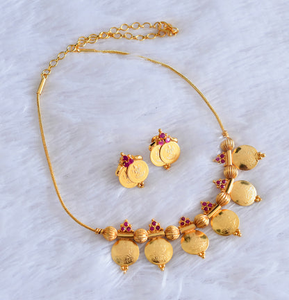 Gold tone pink stone lakshmi coin necklace set dj-53053