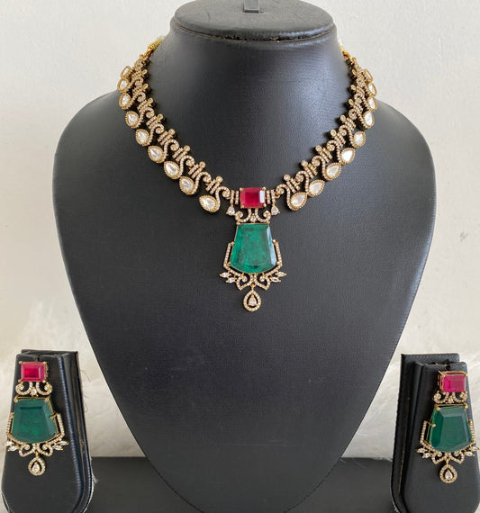 Antique gold tone cz white-pink-green stone swan victorian necklace set dj-54439
