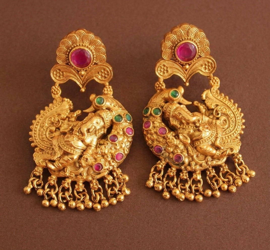 Antique gold tone ruby-emerald ganesha earrings-dj07967