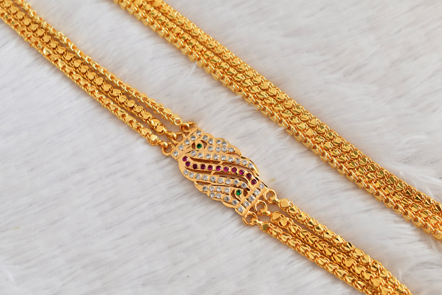 Gold tone 24 inches ruby-green-white triple layer mugappu chain Dj-53308